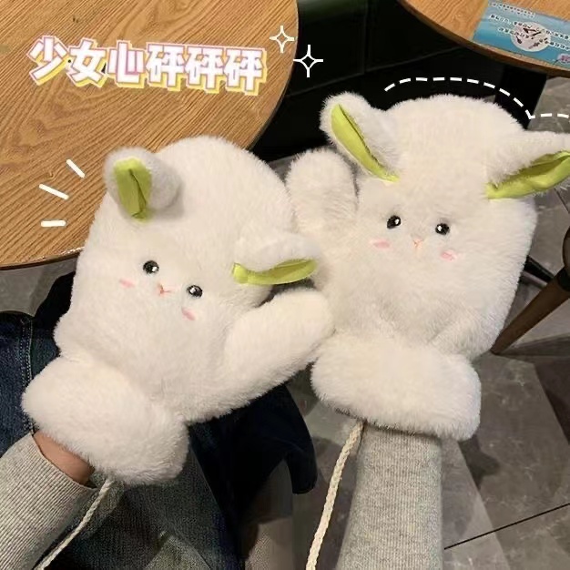 新款毛绒手套冬季女生加绒加厚防寒骑车可爱挂脖保暖棉手套秋冬天