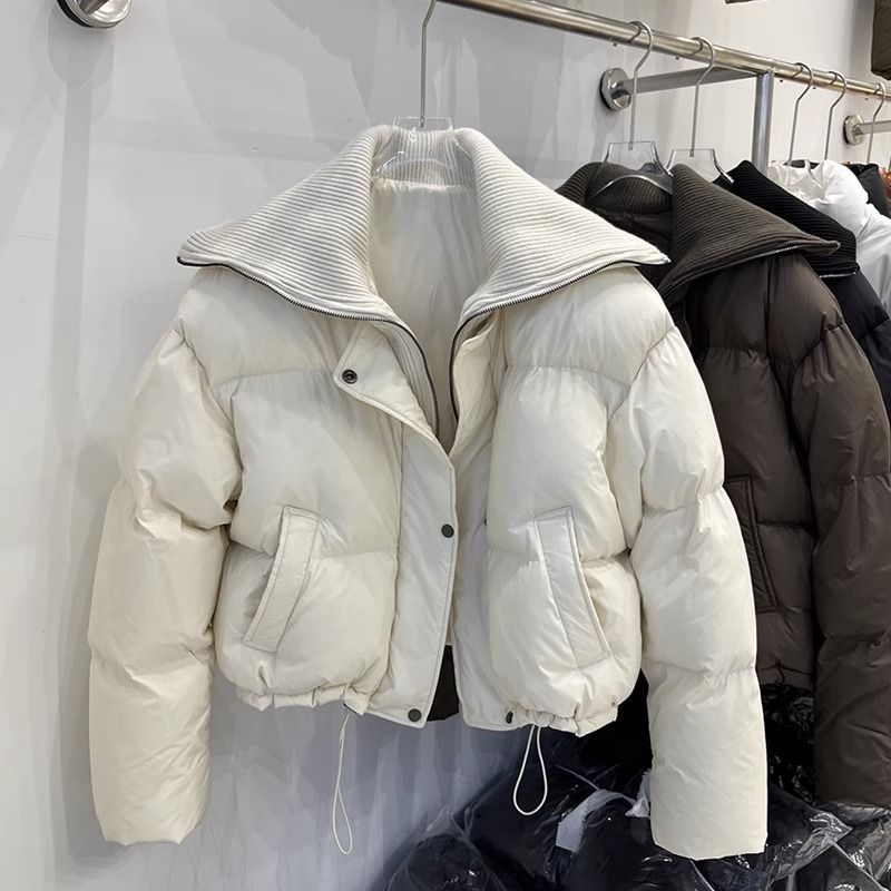 反季羽绒服清仓白鸭绒拼接针织大翻领短款女冬2023新款加厚面包服