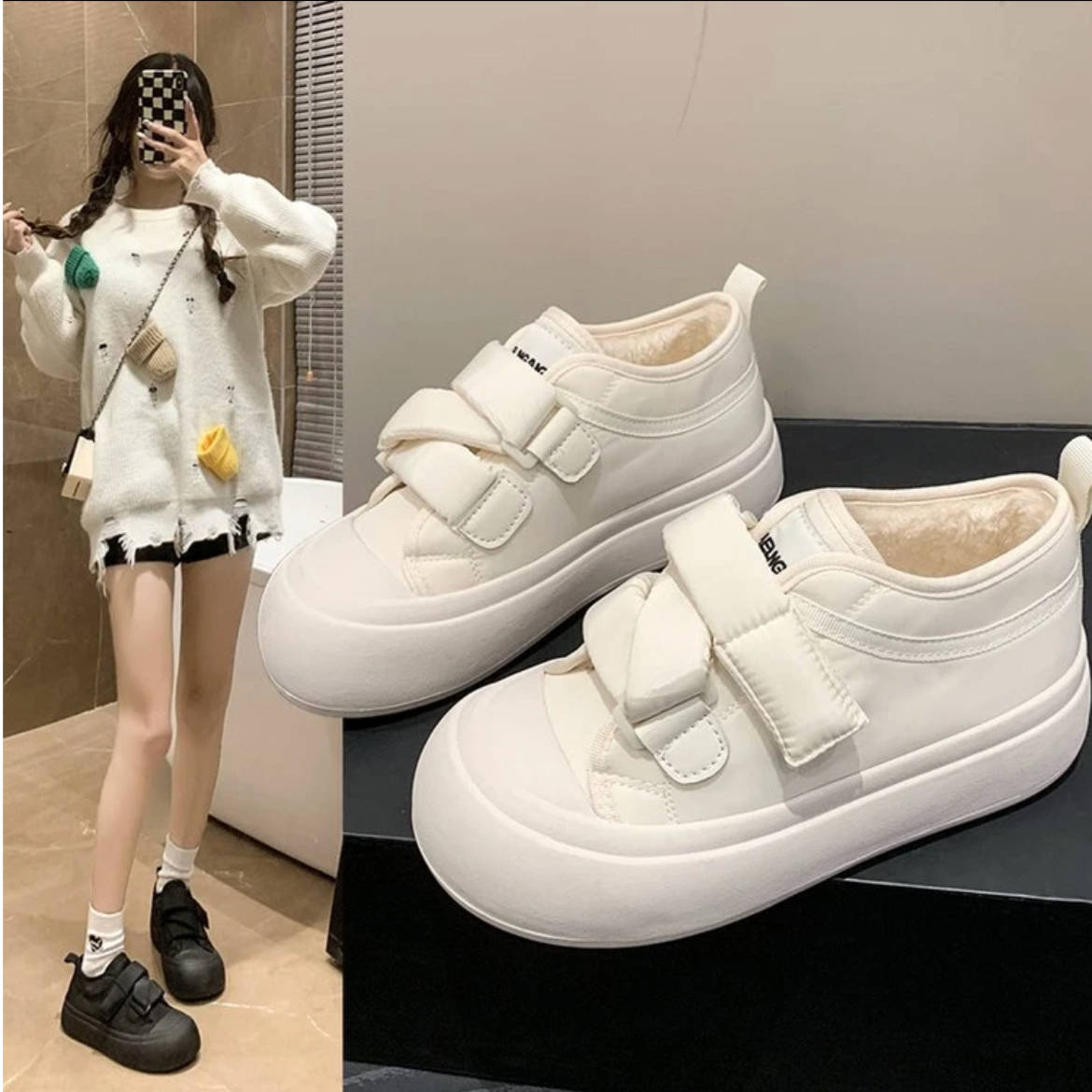 冬季休闲厚底小白鞋奶面包鞋女2023新魔术贴小众丑萌加绒鞋休闲潮