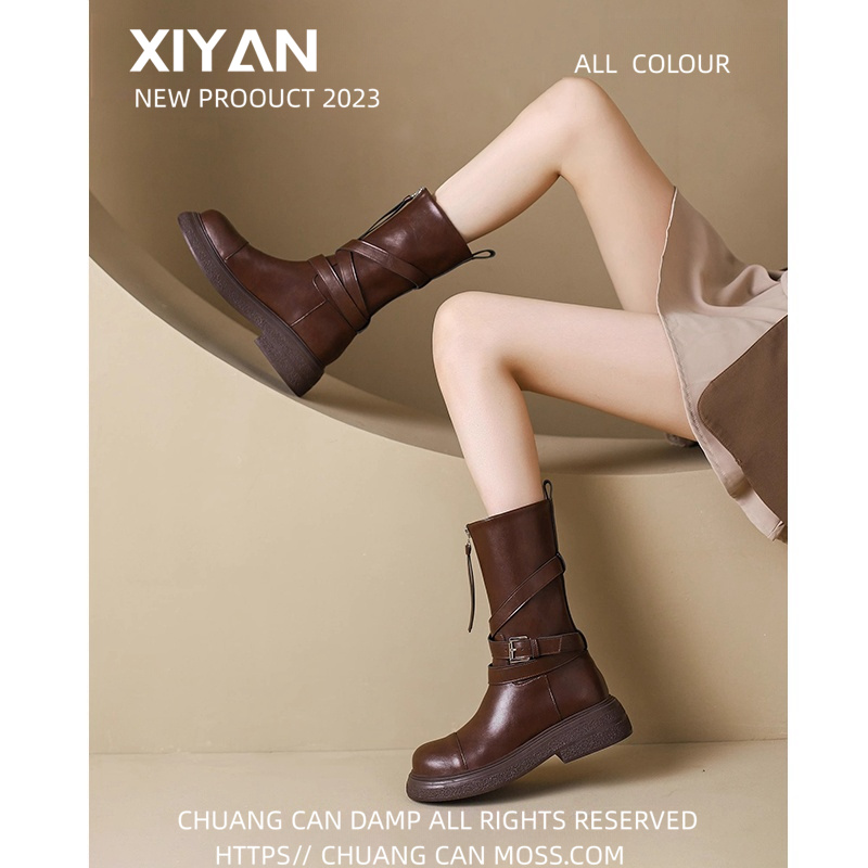 百丽纯爱靴子中筒靴棕色马丁靴女2023款加绒西部复古时装靴短筒短