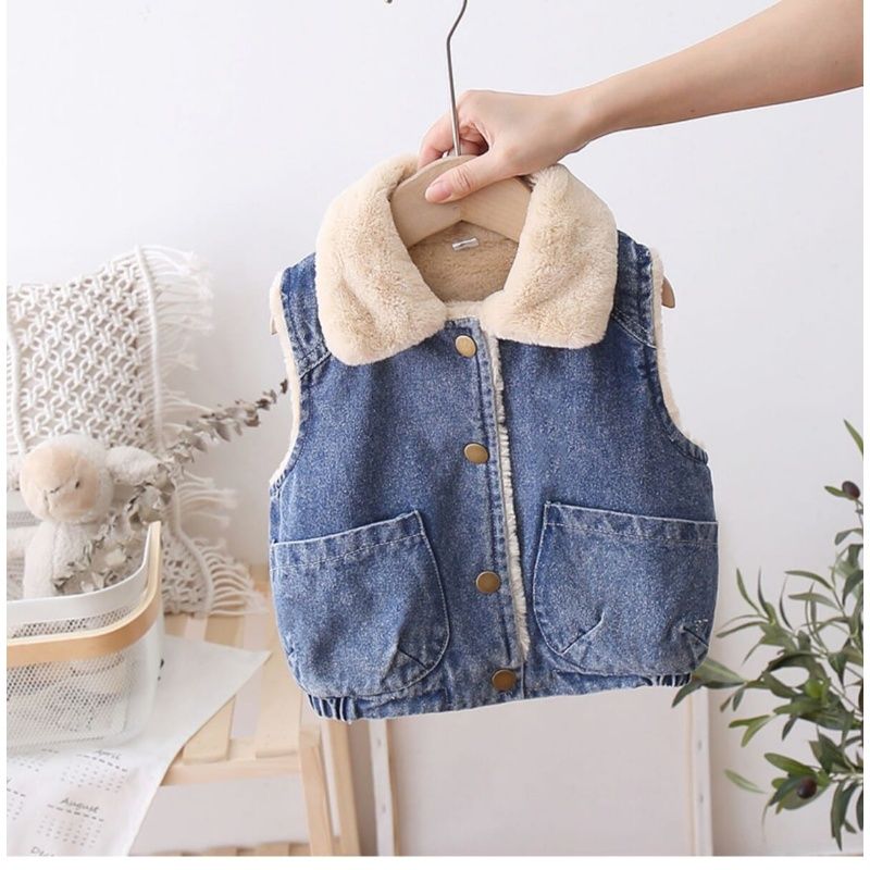 儿童加绒马甲女童背心马甲秋冬新款女童加厚翻领马夹宝宝牛仔背心