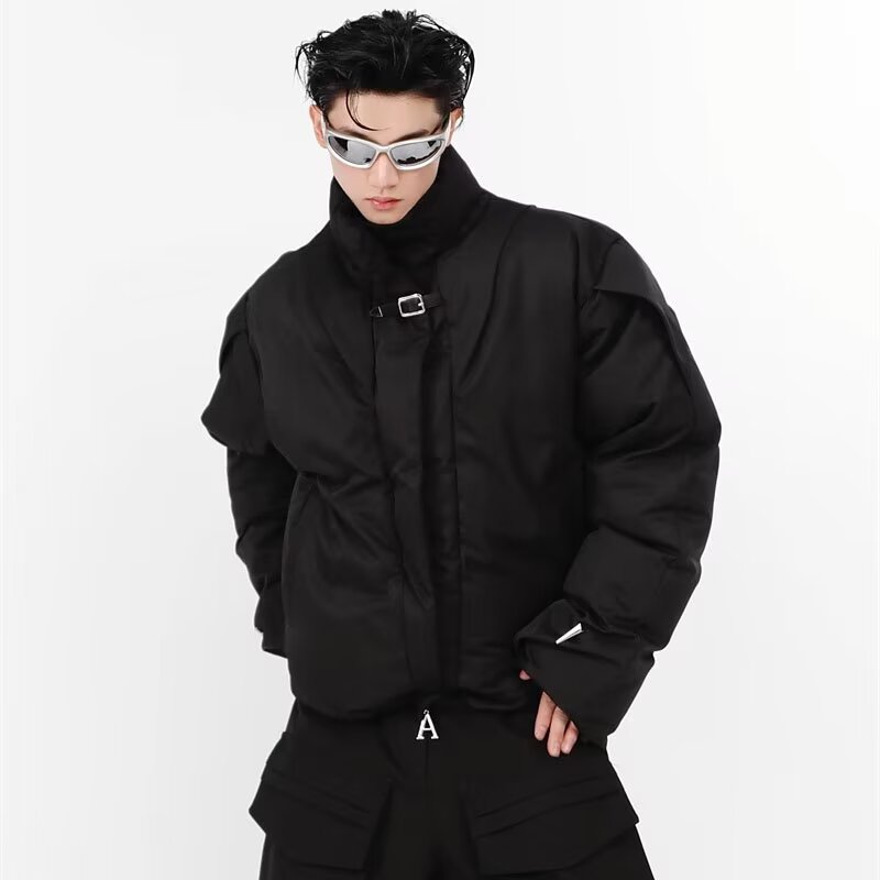 2024小众男短款皮带扣金属感纯色棉服立领面包服秋冬男士休闲情侣