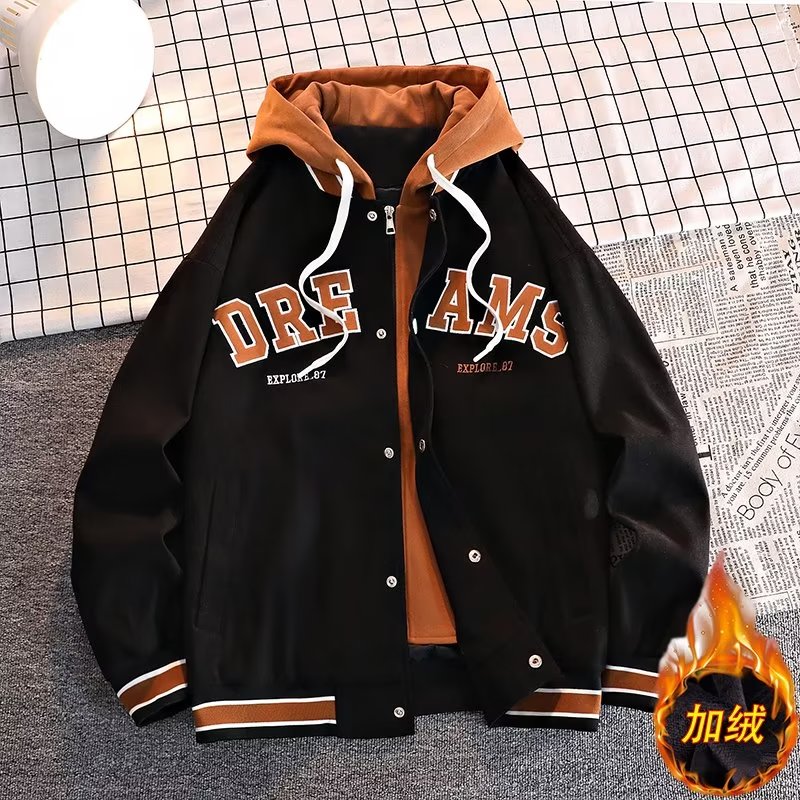 日系外套男士春秋季棒球服连帽男装百搭休闲男外套假两件夹克韩版