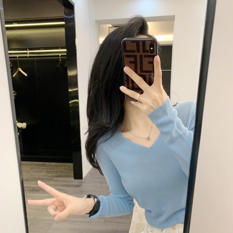 针织衫v领女秋冬新款修身显瘦百搭高级内搭毛衣打底衫长袖纯色ins