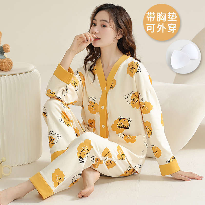 长袖睡衣女春秋款带胸垫针织棉可爱外穿秋季开衫卡通熊家居服套装