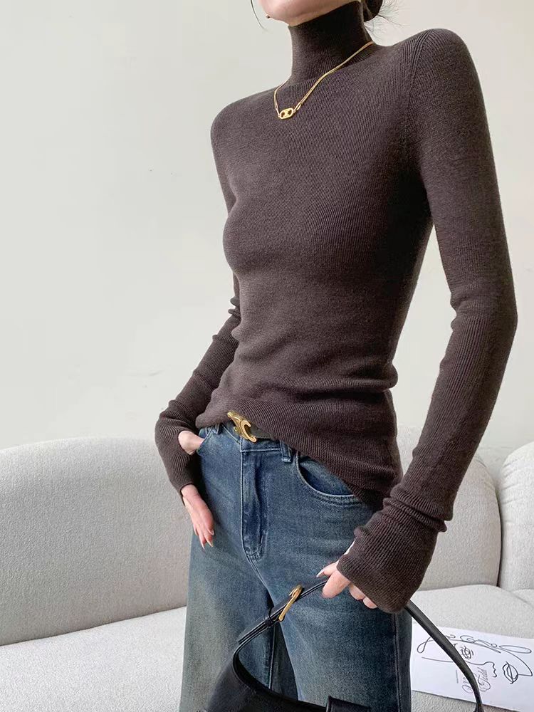 咖色长袖高领针织衫女冬季zf新款紧身显瘦打底上衣时尚百搭修身