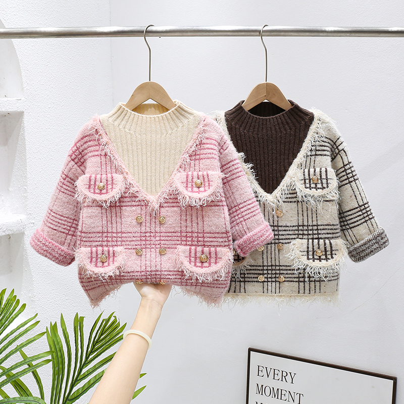 女童毛衣加厚秋冬款长袖上衣女孩宝宝6-12岁洋气百搭假两件针织衫