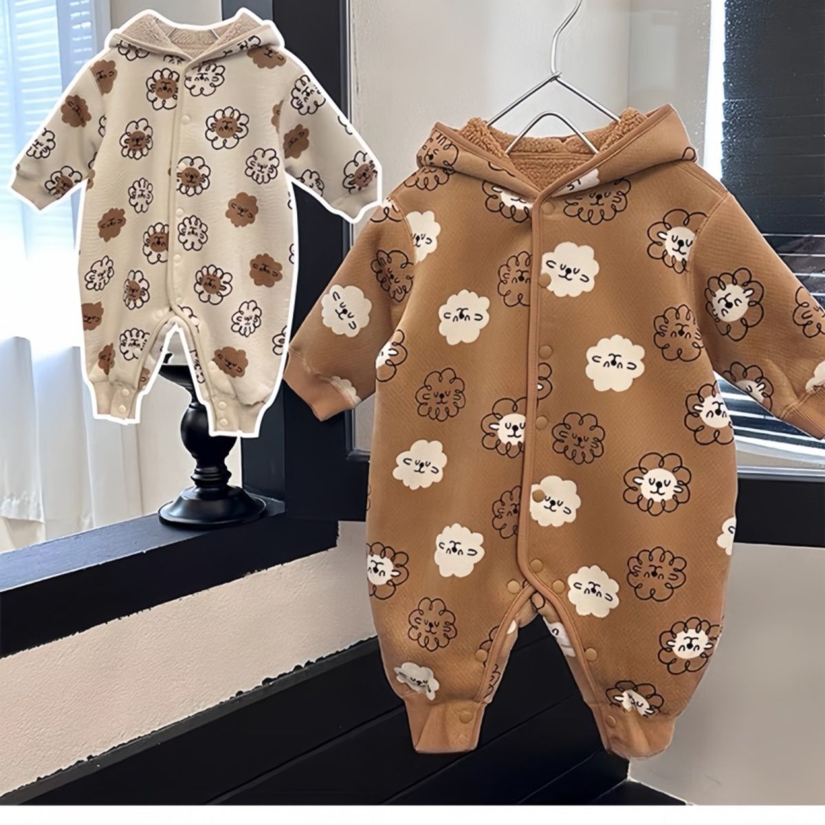 网红连体衣婴儿秋冬可爱超萌婴幼儿加绒连帽爬爬服宝宝衣服外出服