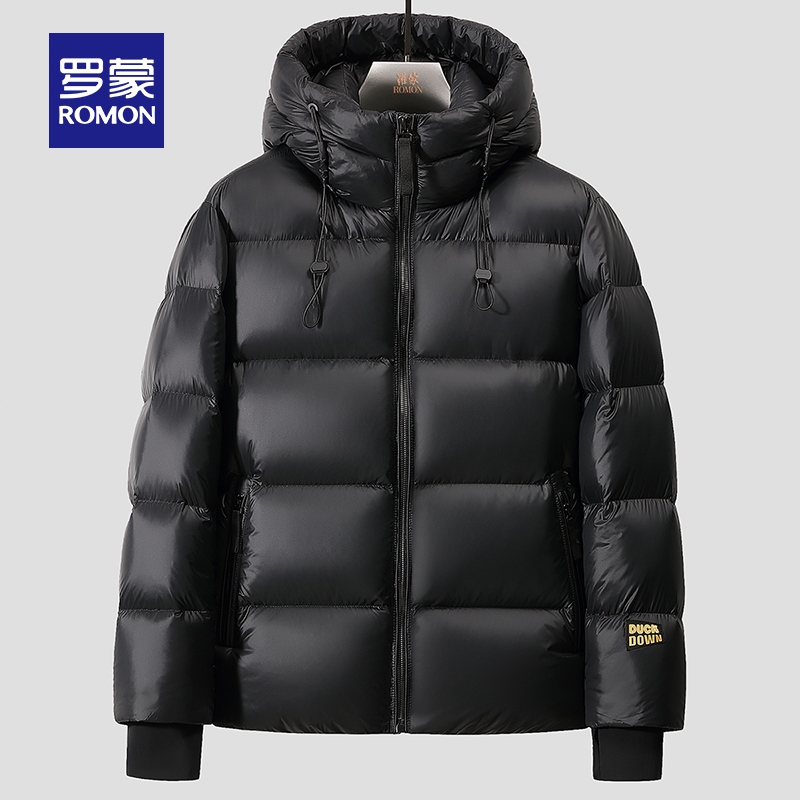 罗蒙男士厚款连帽黑金羽绒服2023秋冬新款时尚休闲短款保暖面包服