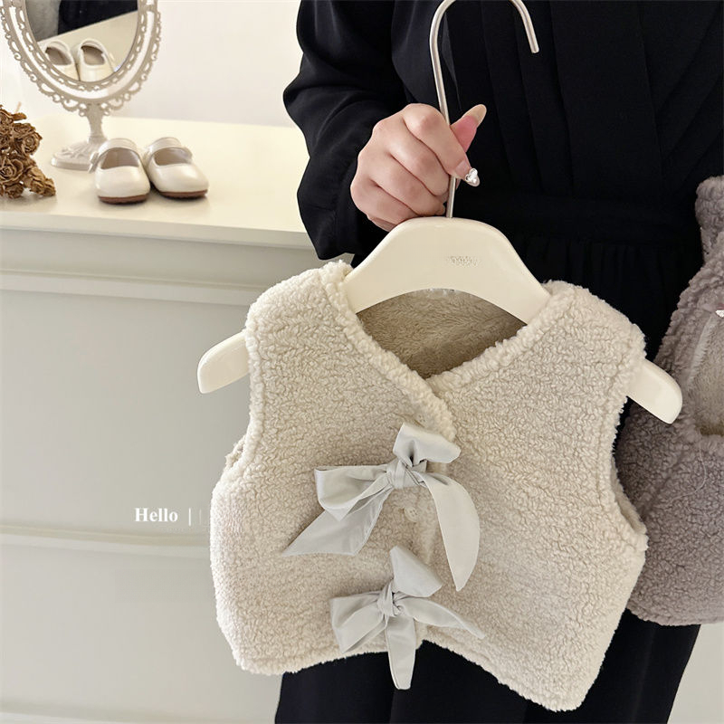 韩国童装婴幼女宝宝秋冬款毛绒蝴蝶结马甲加绒加厚保暖背心儿童