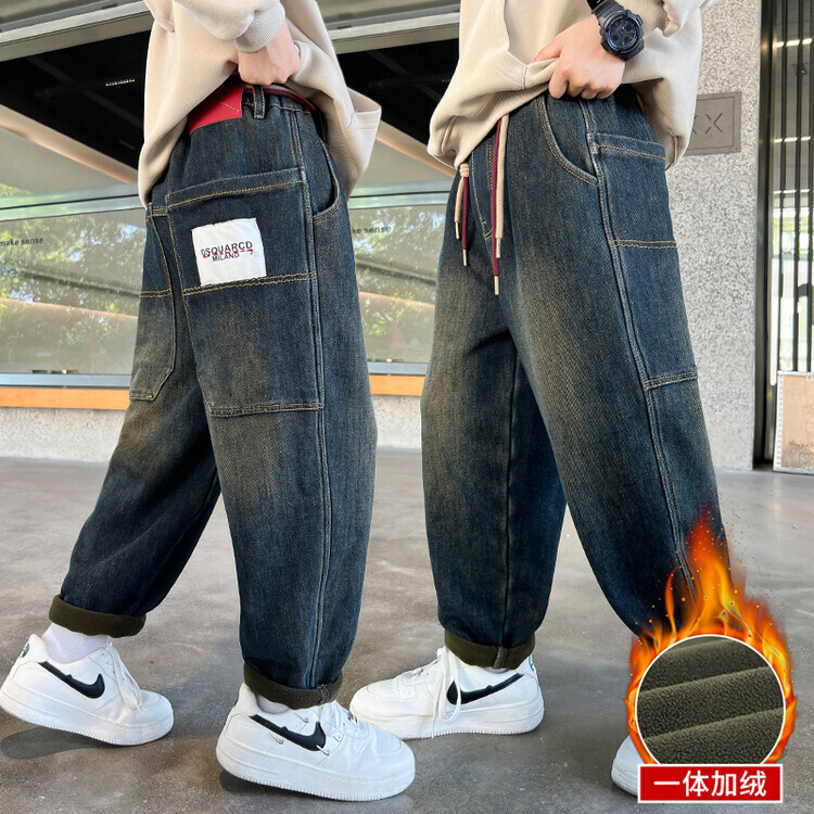 男童加绒牛仔裤秋冬季洋气新款中大童加厚男孩儿童保暖裤子宽松潮