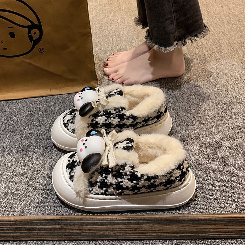 可爱帕恰狗棋盘格棉鞋女冬加绒厚底防寒保暖百搭东北大棉靴面包鞋
