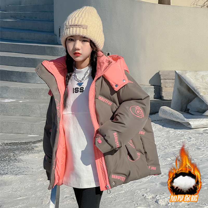 女童棉服2023新款中大儿童冬季加厚羽绒棉时尚压花棉衣大童外套潮