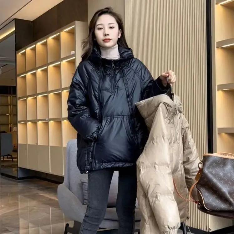 品牌断码时尚羽绒服女韩版宽松连帽气质显高减龄套头两穿开衫外套