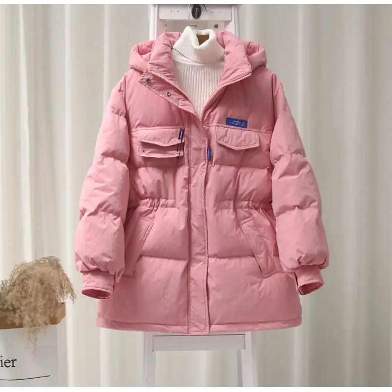 品牌断码羽绒服女中长款2023新款爆款韩版连帽收腰显瘦别针白鸭绒
