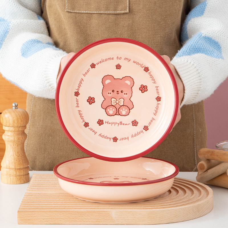 家用新款陶瓷菜盘子圆盘加厚防烫深菜盘网红高颜值呆萌熊汤盘可爱