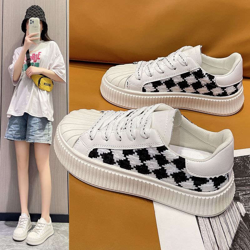 小码女鞋3334贝壳头厚底学生休闲板鞋23夏款千鸟格百搭女生运动鞋