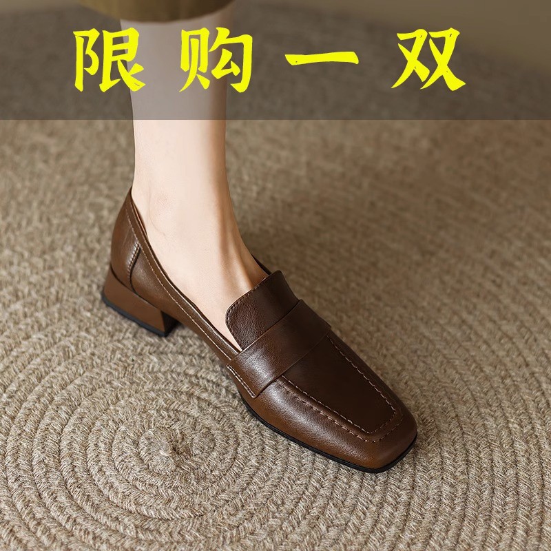 红蜻蜓牌真皮方头乐福鞋女2023秋冬季新款复古小皮鞋中跟英伦百