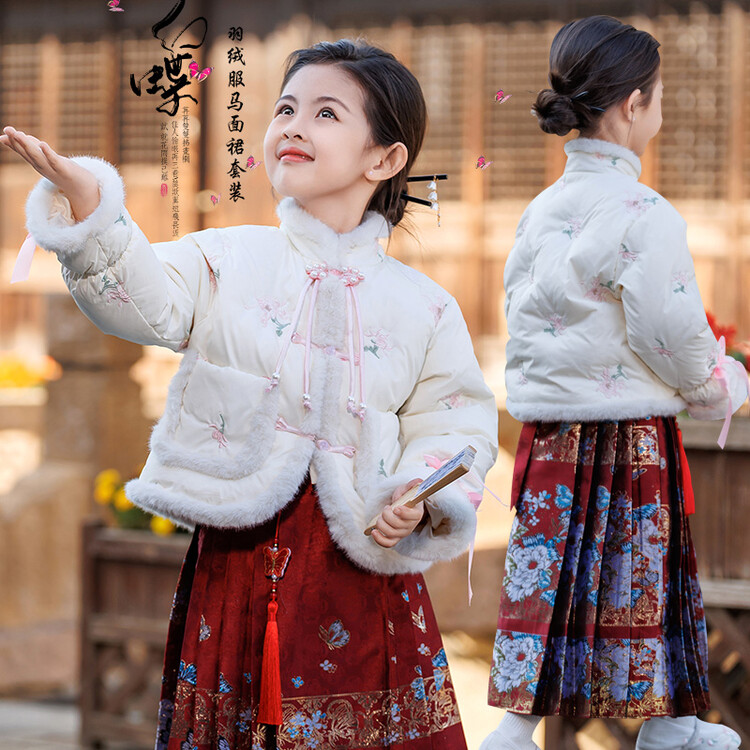 唐装冬季刺绣女童冬款中国风加厚服马面裙两件套中大童中国风洋气