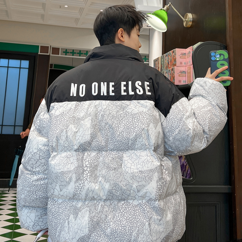 撞色潮流几何图案印花棉服冬季立领加厚保暖宽松休闲男士上衣外套