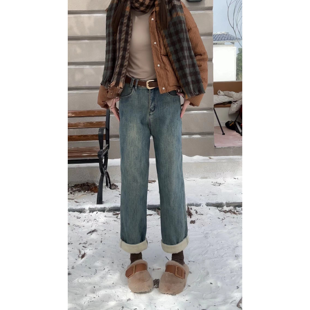 梨形身材直筒牛仔裤女秋冬加绒胖mm显瘦百搭高腰宽松老爹阔腿裤子