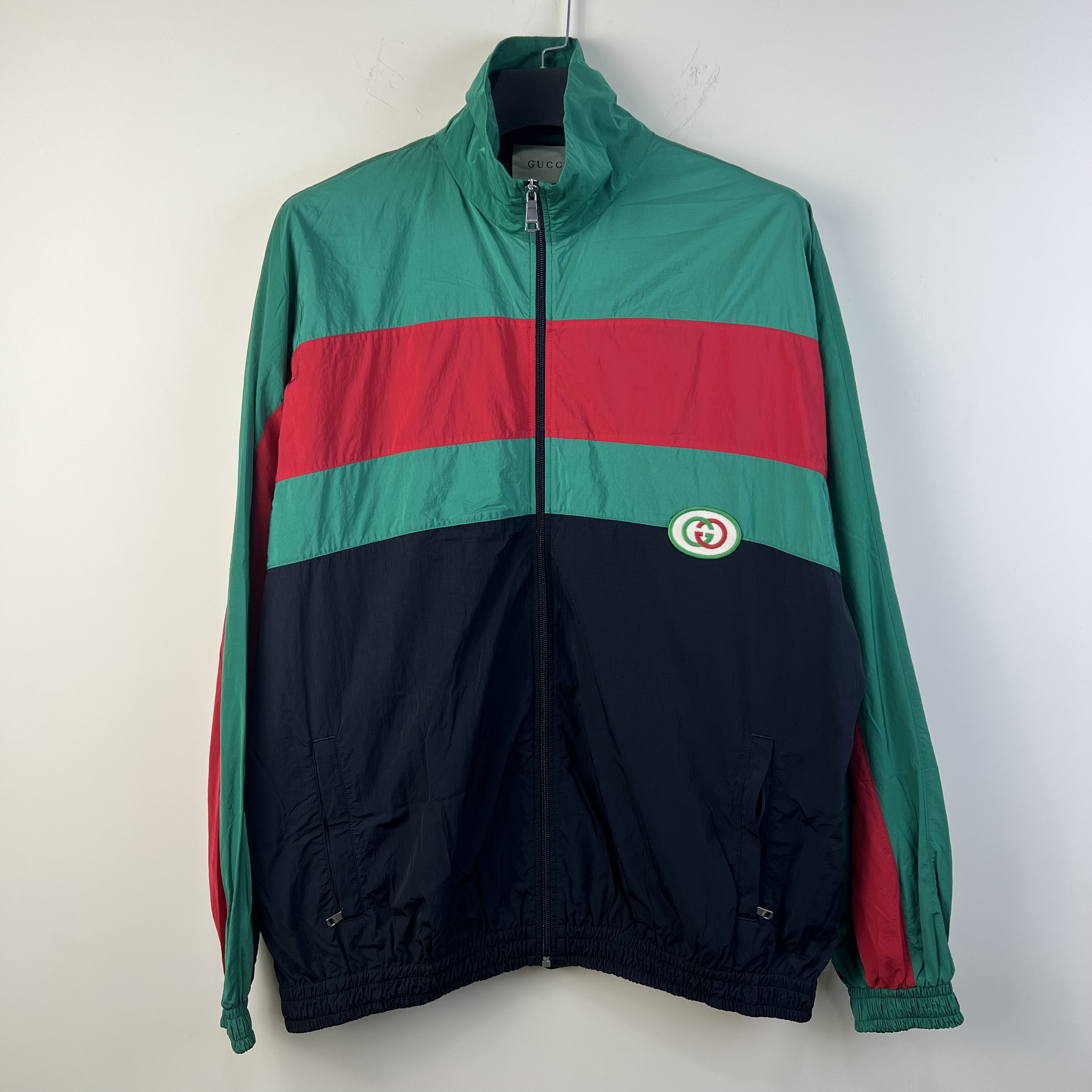 99新 GUCCI/古驰 爆款胸口刺绣双G标红绿拼接拉链冲锋衣