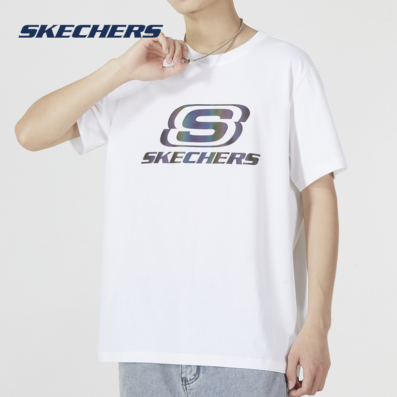 Skechers斯凯奇男子运动T恤夏季新款宽松透气短袖白色跑步休闲服