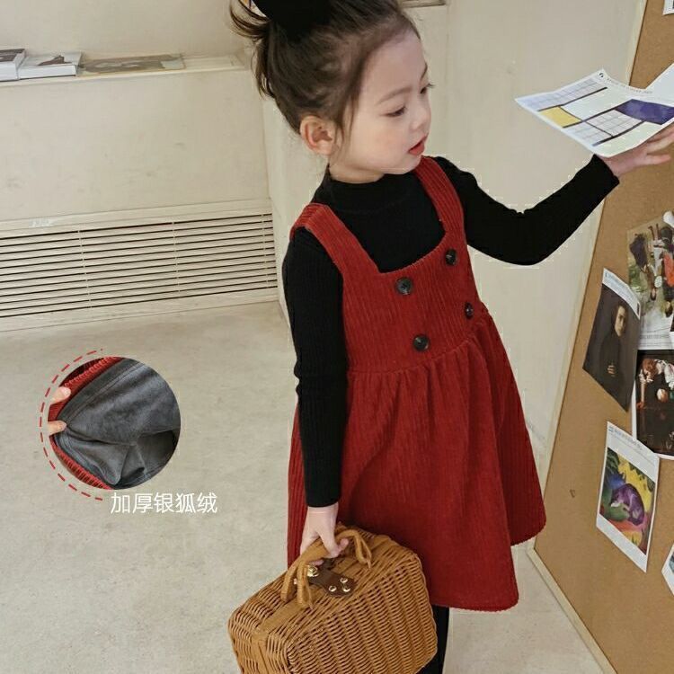 女童秋冬连衣裙加绒夹里女宝宝灯芯绒背带裙小女孩无袖吊带连衣裙