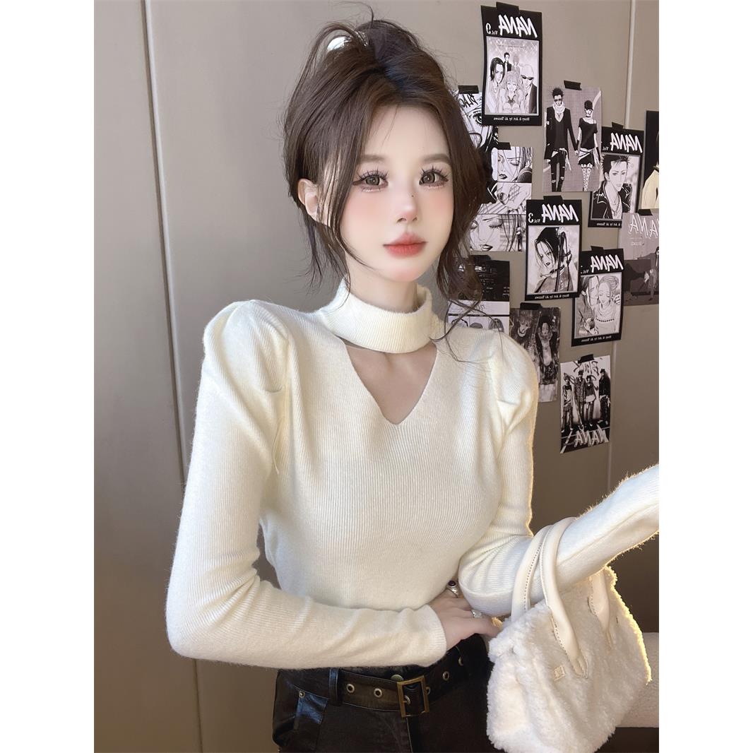 独特别致半高领镂空长袖针织打底衫女毛衣设计感小众长袖上衣秋冬