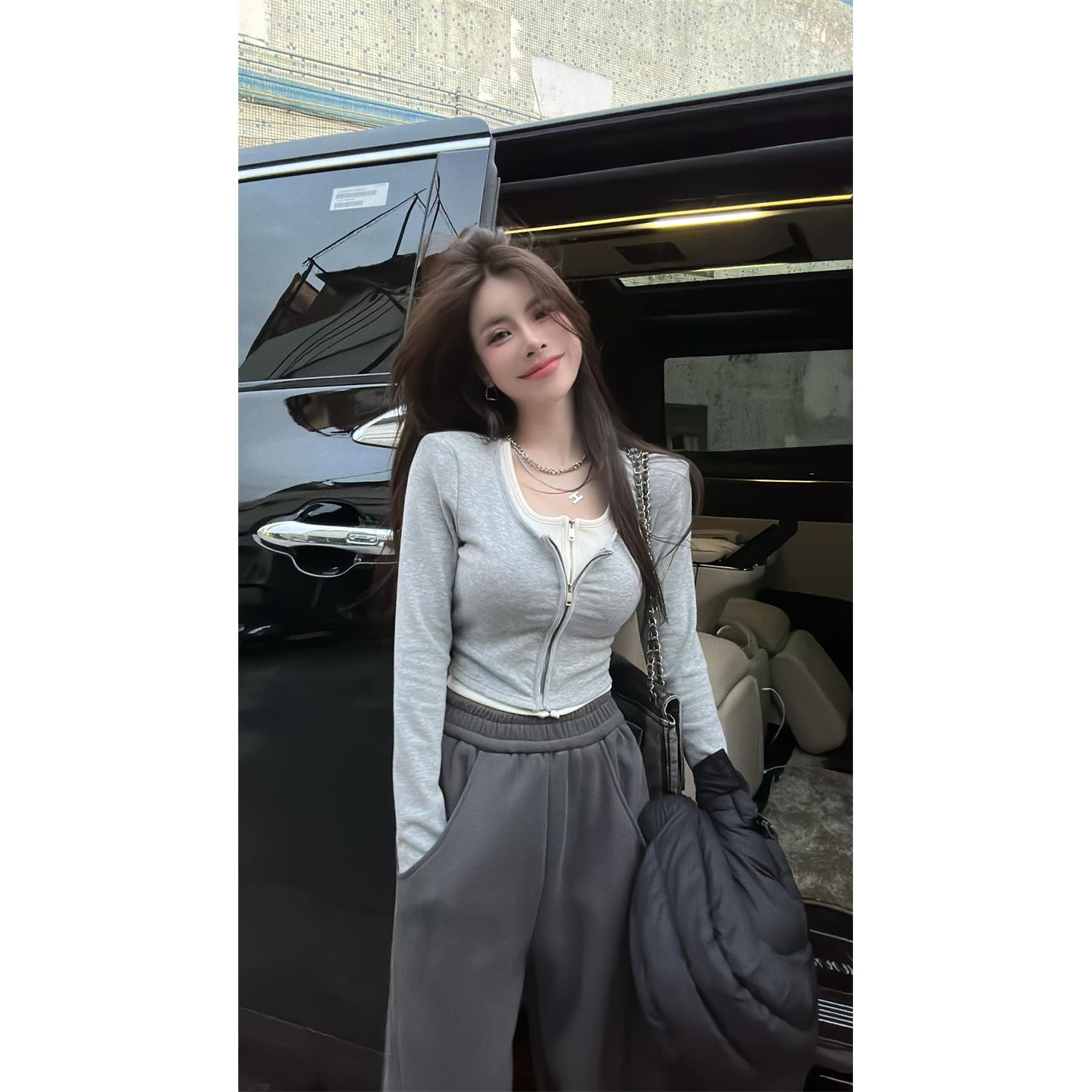 秋冬独特别致辣妹假两件撞色修身短版开襟外套上衣设计感打底衫女