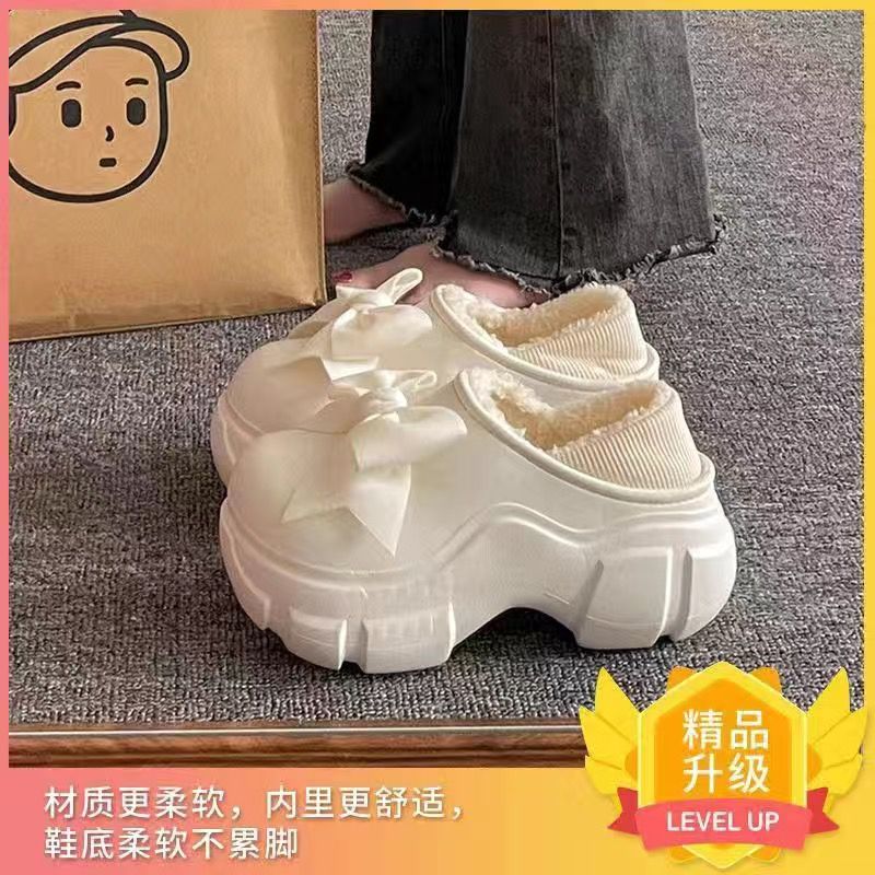 蝴蝶结棉拖鞋女冬季外穿室内厚底增高跟防滑防水加绒保暖包跟棉鞋