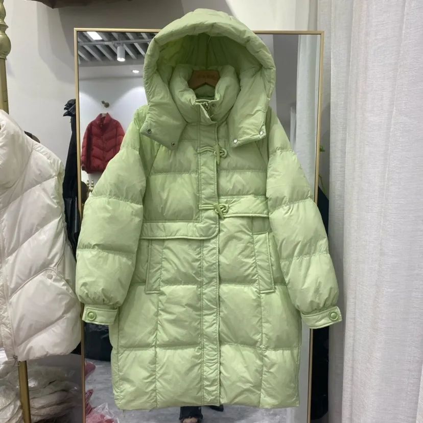 牛角扣羽绒服女中长款连帽白鸭绒保暖羽绒服加厚冬季新款外套