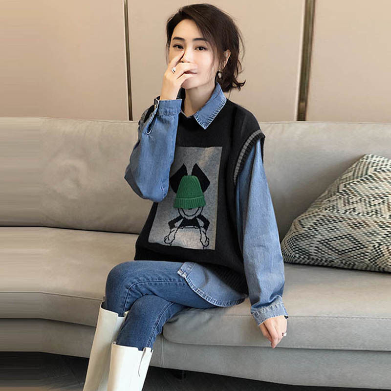 黑色针织马甲长袖牛仔衬衫套装女有春秋新款印花马甲上衣两件套潮