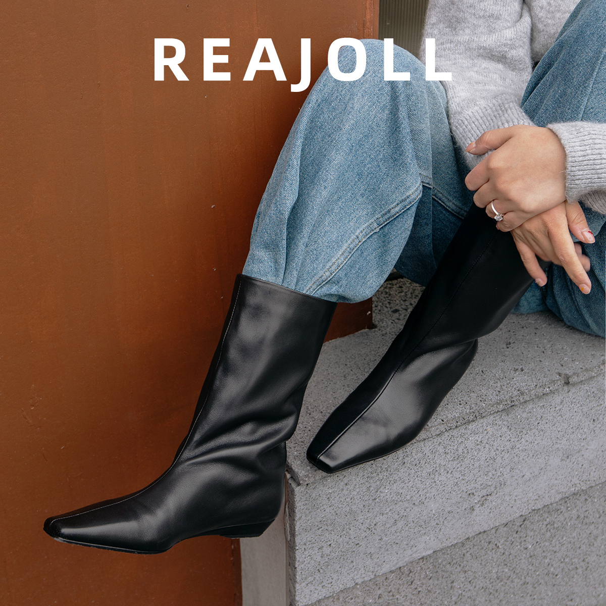 REAJOLL 中筒靴女2023新款秋冬法式真皮复古坡跟宽筒平口网红靴子