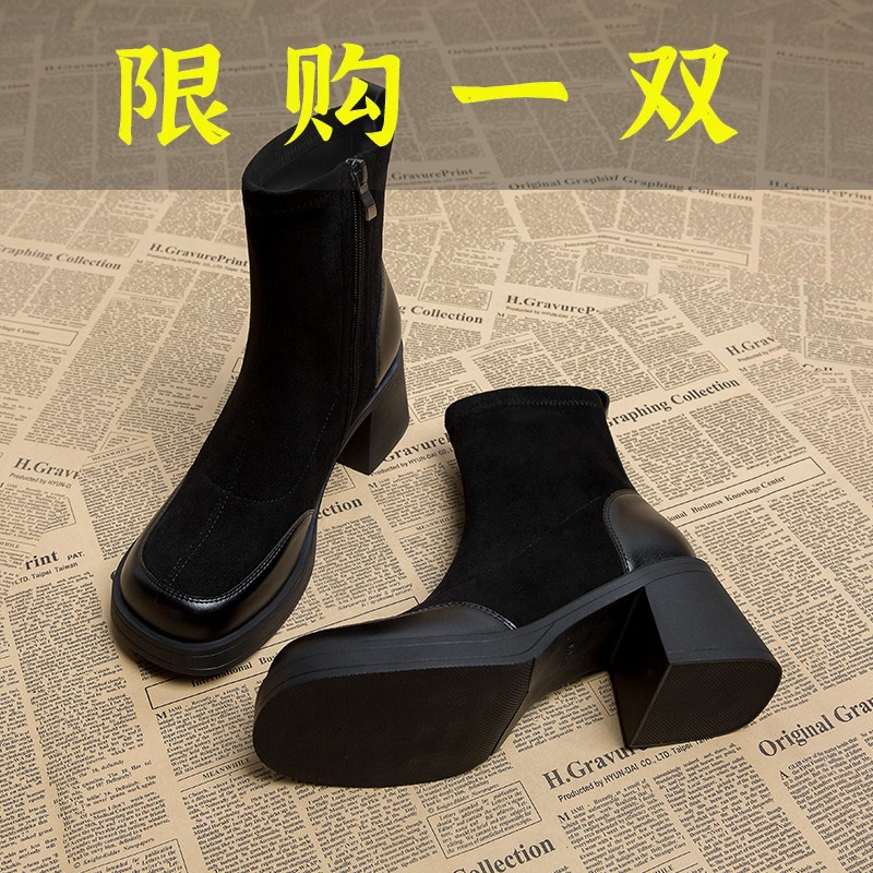 红蜻蜓牌高跟靴子女秋冬季2023新款韩系小踝靴流行的洋气短靴瘦