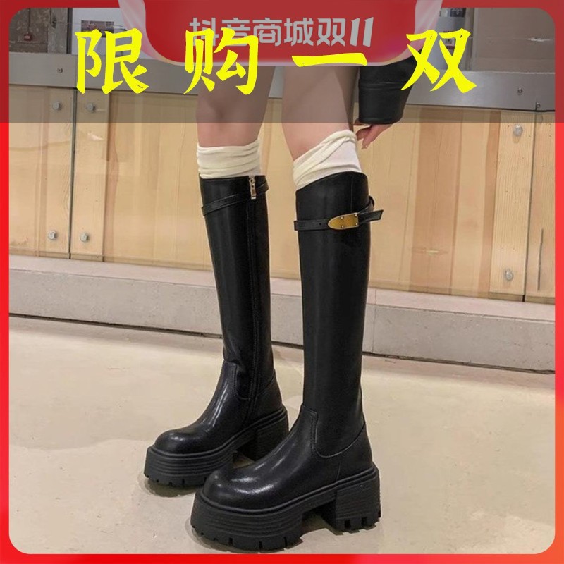 红蜻蜓牌长筒靴女2023新款秋冬棕色增高厚底高筒时尚长靴骑士靴