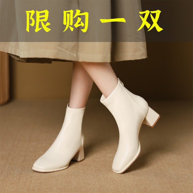 红蜻蜓牌高跟方头短靴新款欧美风方头后拉链短靴粗跟靴子春秋季