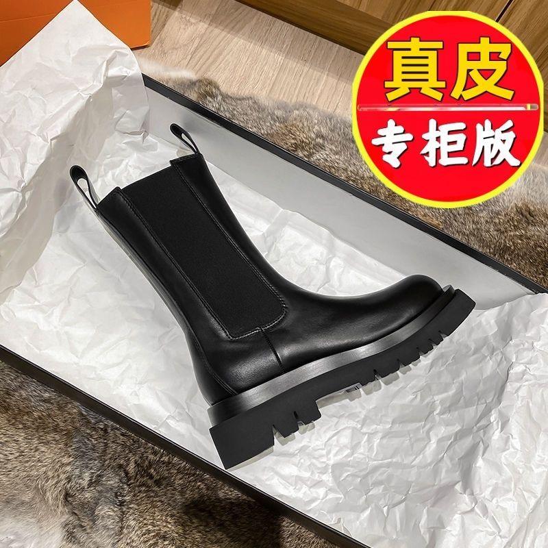 千寻宜鞋牌全牛皮内增高马丁靴女英伦风中筒厚底切尔西短靴烟筒靴