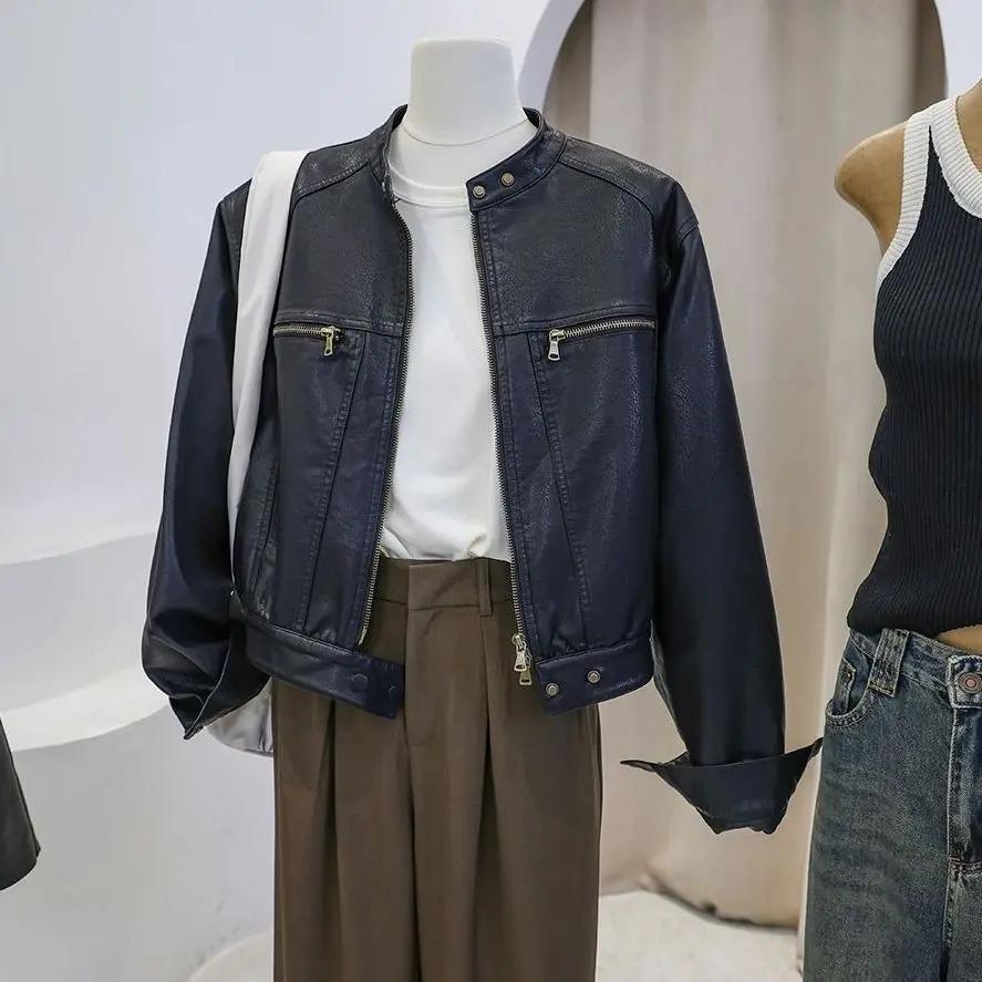 美式复古机车风黑色皮衣短外套女2023秋季新款小个子PU皮夹克上衣