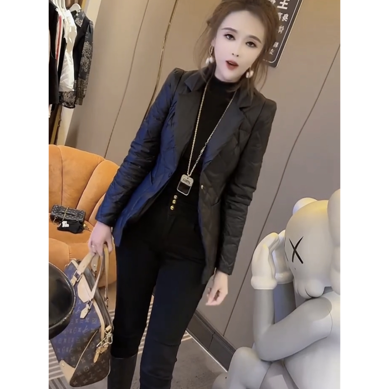 加厚款西装夹棉外套女2023秋冬季新款收腰黑色有内里长袖格纹棉衣