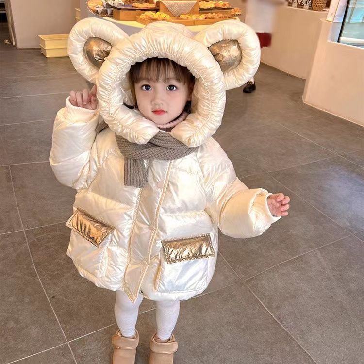 女宝棉衣洋气2023新款女宝宝免洗棉衣中长款儿童加厚棉袄连帽外套