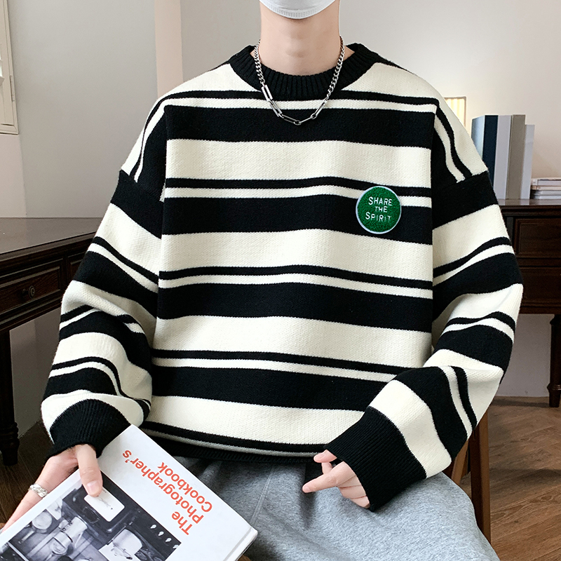 秋冬季男士圆领毛衣潮牌保暖加厚打底衫青少年学生条纹线衣针织衫