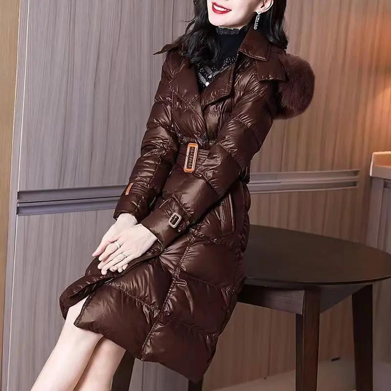 羽绒服女新款2023新款上档次收腰修身白鸭绒中长款加厚外套女