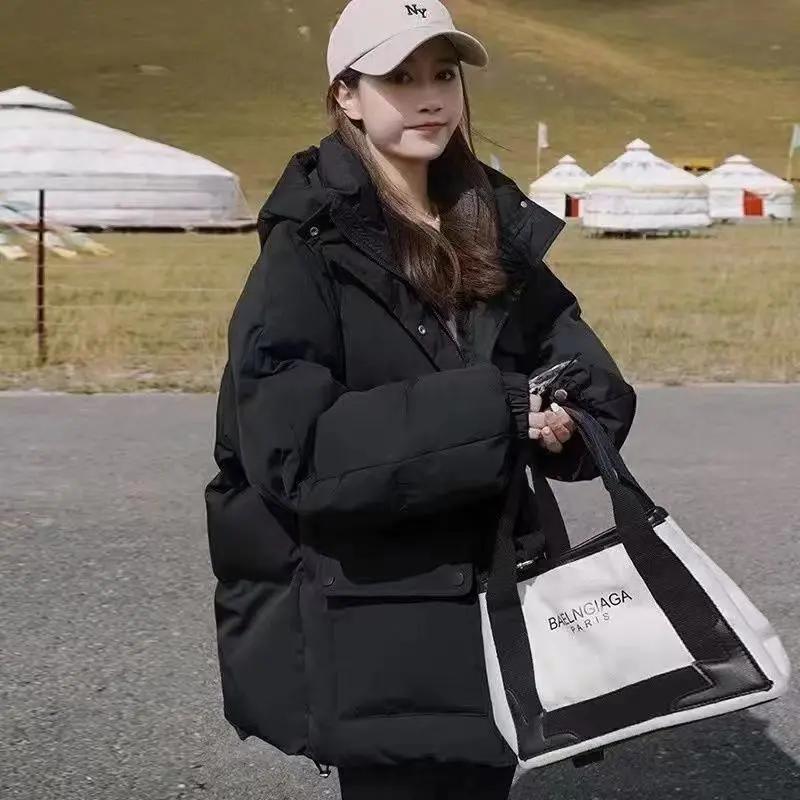 雾霾蓝学院风服女2023新款冬季连帽短款宽松加厚棉