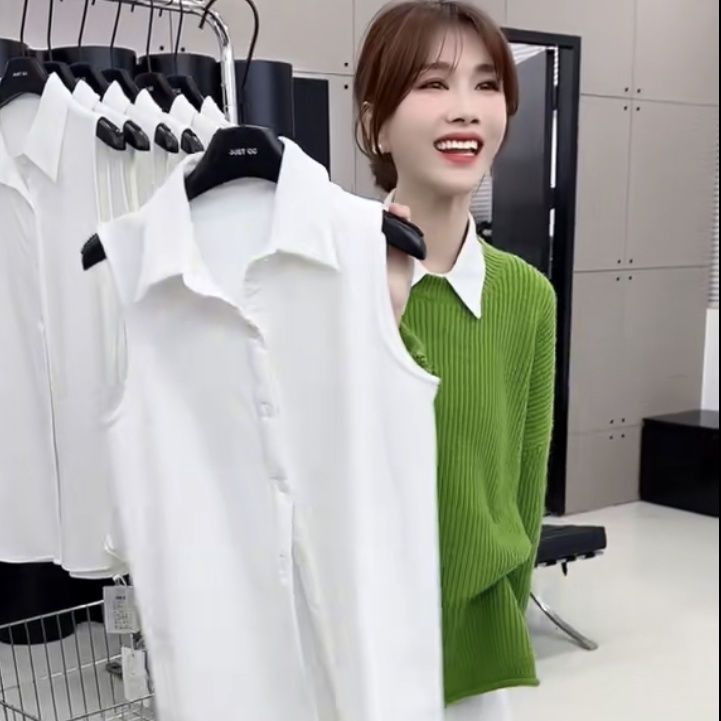 【搭配伴侣】高档设计感衬衫领雪纺背心无袖翻领秋冬百搭外穿内搭