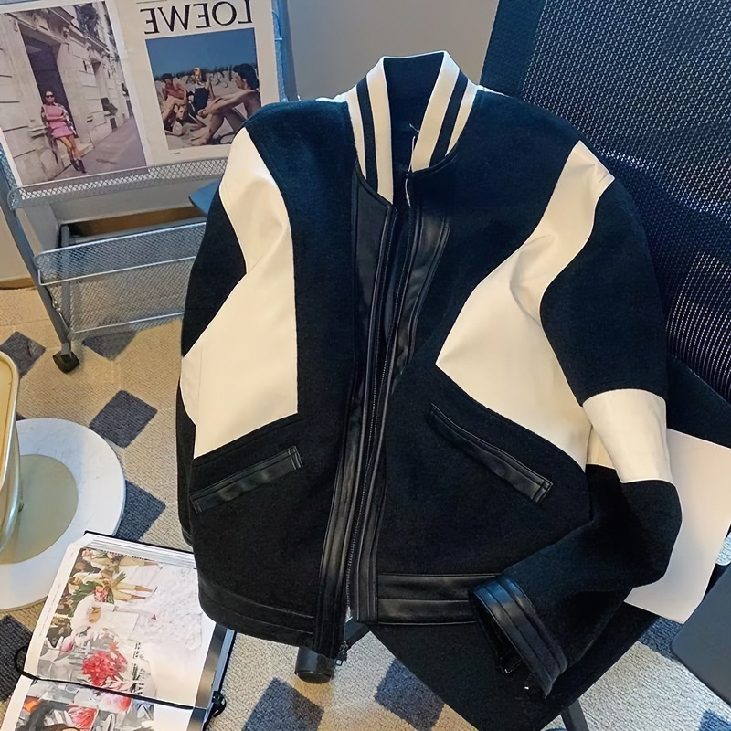 秋冬1020美式复古棒球服拼色外套男春男士新款加厚pu皮夹克毛呢上
