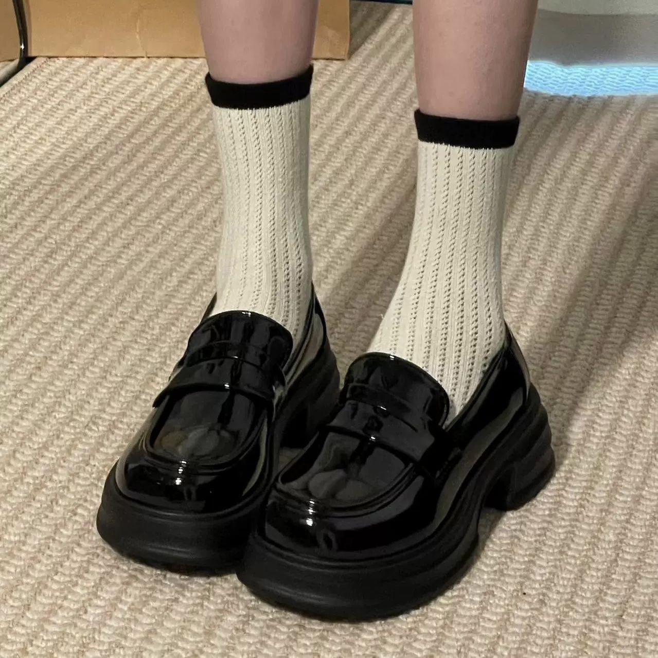 红蜻蜓牌黑色厚底乐福鞋女2023新复古英伦风百搭jk小皮鞋一脚蹬松