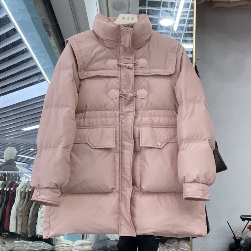 波司澄韩版收腰显瘦海军领中长款羽绒服女年新款洋气牛角扣加厚外