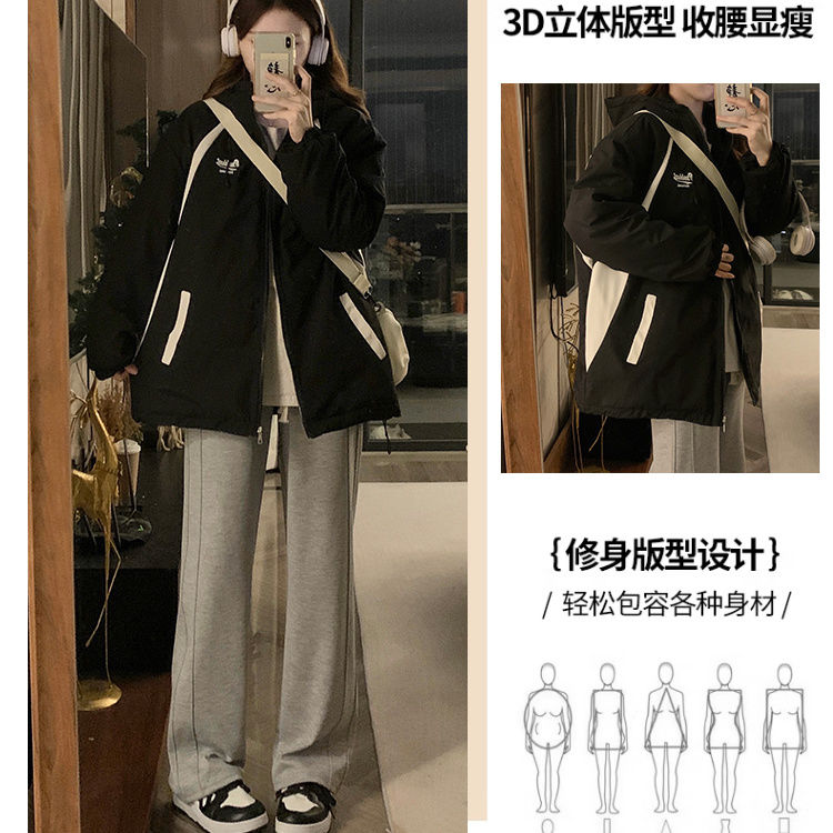 棉衣【加绒加厚】冲锋衣羽绒服女2023秋冬新款连帽学院风个性工装休