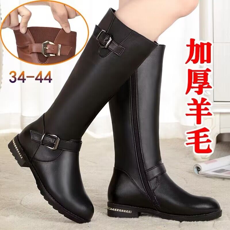 红蜻蜓牌低跟靴子长筒靴女冬女士粗腿高筒靴真皮中筒靴加绒平跟大